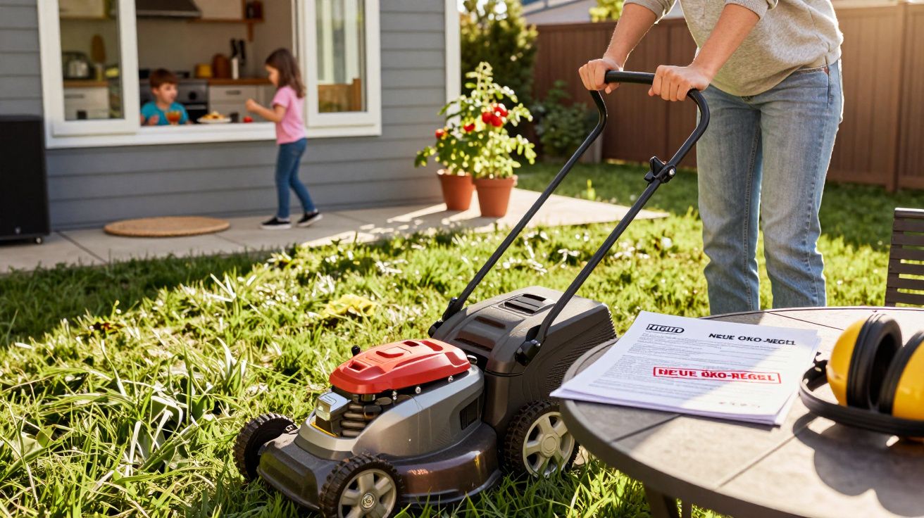 Person mäht Rasen im Garten, während Kinder drinnen spielen. Rasenmäher und Kopfhörer im Vordergrund.