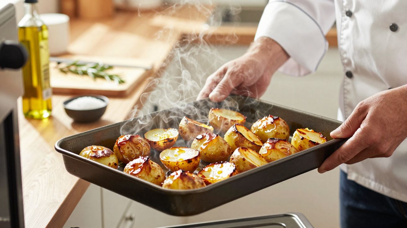 Ein Koch hält ein Backblech mit dampfenden, gebackenen Kartoffeln in einer Küche.