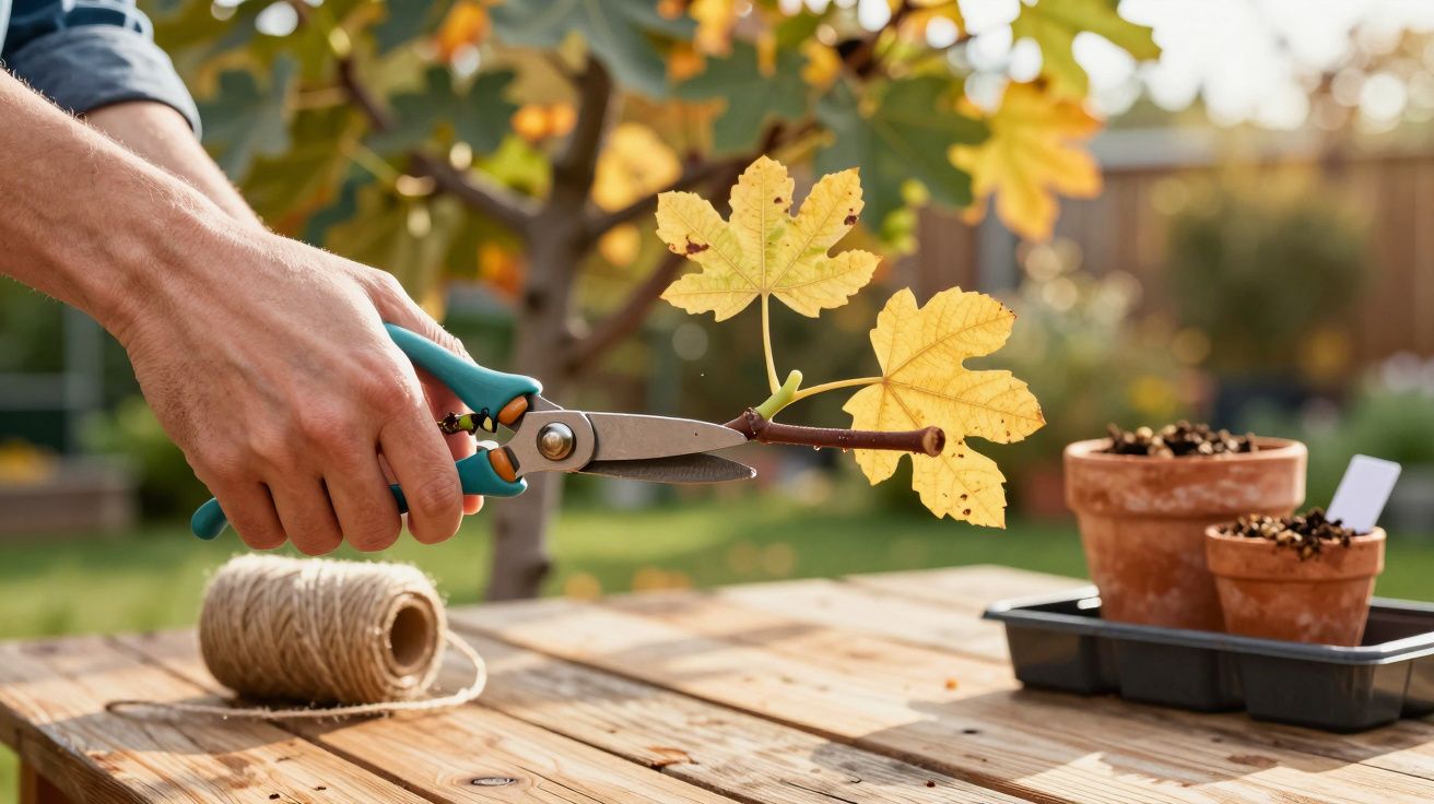 Hand schneidet Ast mit Schere auf Holztisch, umgeben von Pflanzen und Blumentöpfen.