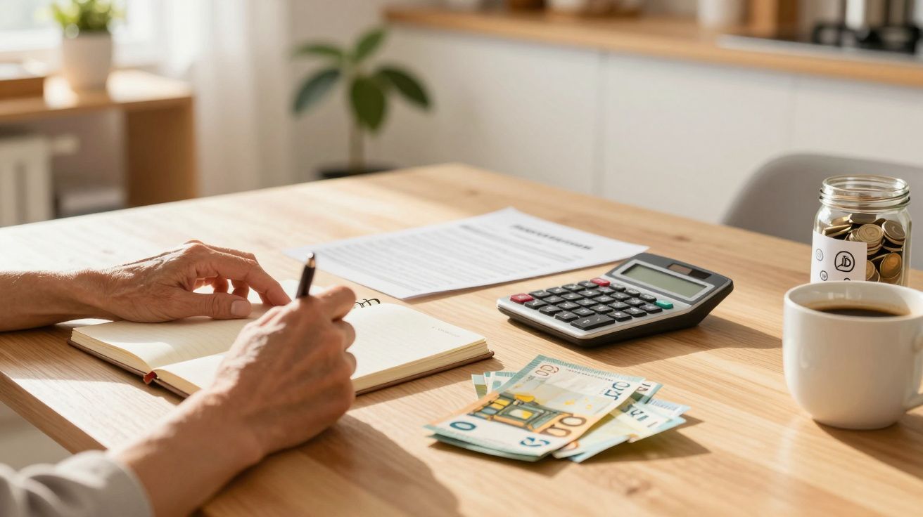 Person am Tisch mit Notizbuch, Taschenrechner, Euro-Scheinen und Münzglas bei Tageslicht.