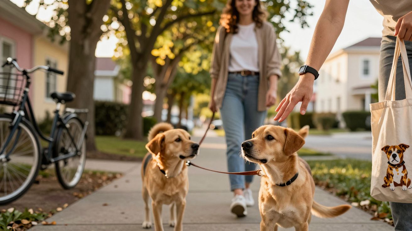 Frau mit zwei Hunden an der Leine spaziert auf einer sonnigen Straße, während jemand einen der Hunde streichelt.