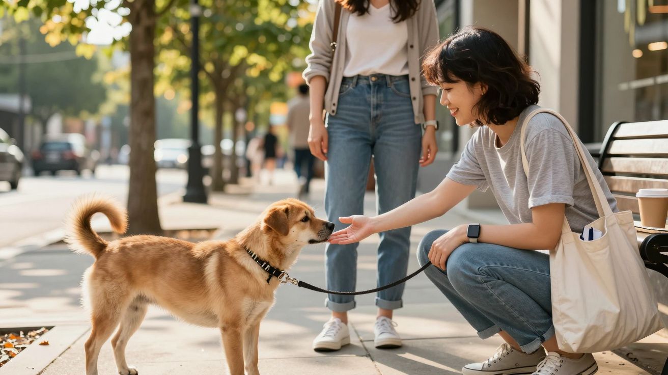 Zwei Frauen interagieren mit einem Hund auf dem Gehsteig, eine streichelt ihn, während die andere zuschaut.