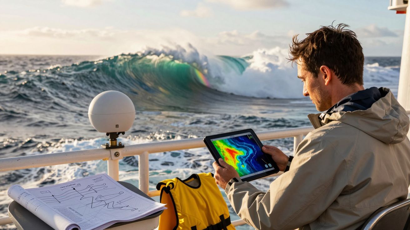 Ein Mann analysiert Wetterdaten auf einem Tablet auf einem Schiff, während im Hintergrund große Wellen schlagen.