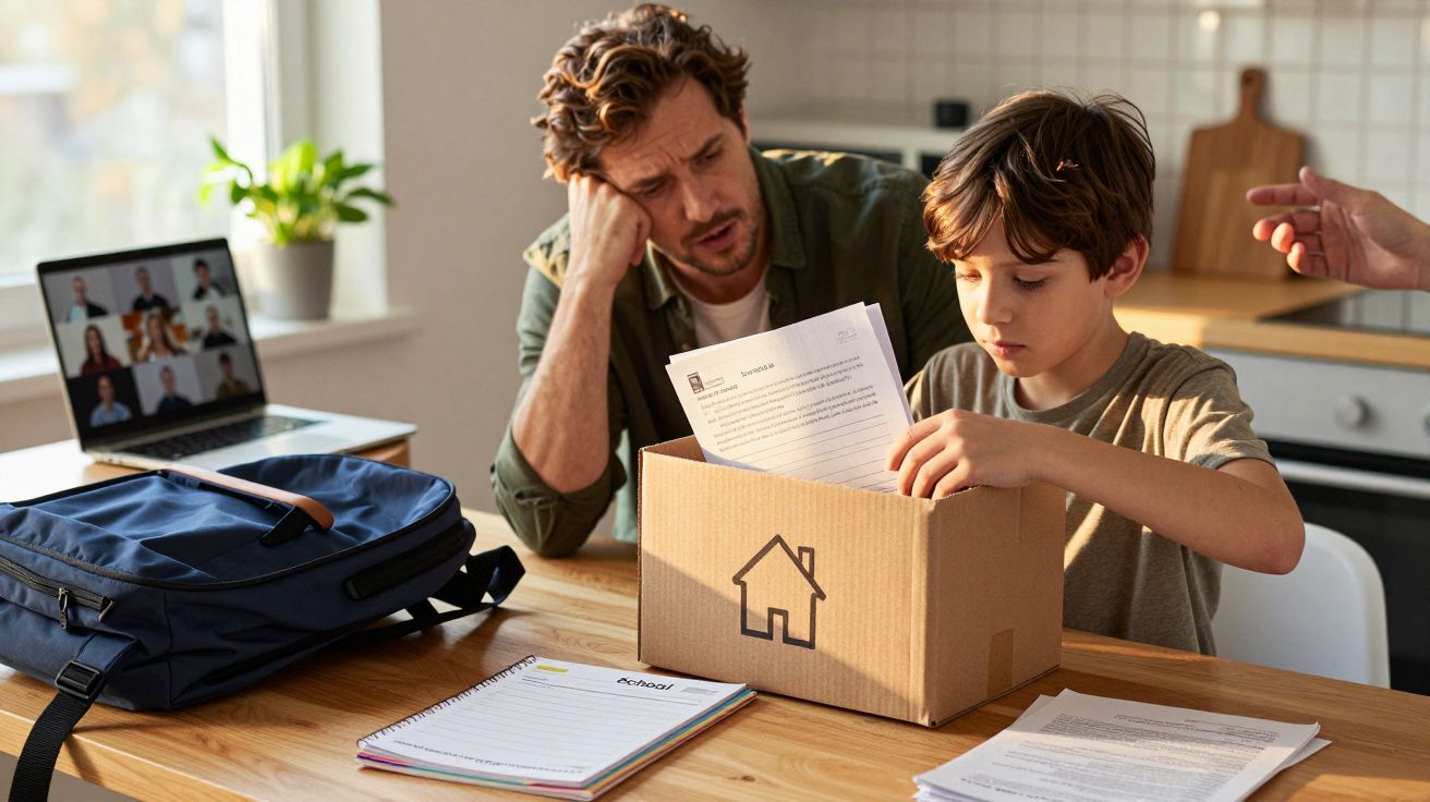 Junge und Mann am Tisch mit Karton, Laptop im Hintergrund zeigt Videokonferenz, Schulhefte und Rucksack daneben.