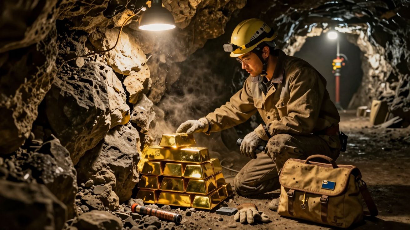 Bergarbeiter kniet in beleuchtetem Tunnel und inspiziert gestapelte Goldbarren, mit Helm und Werkzeugtasche.