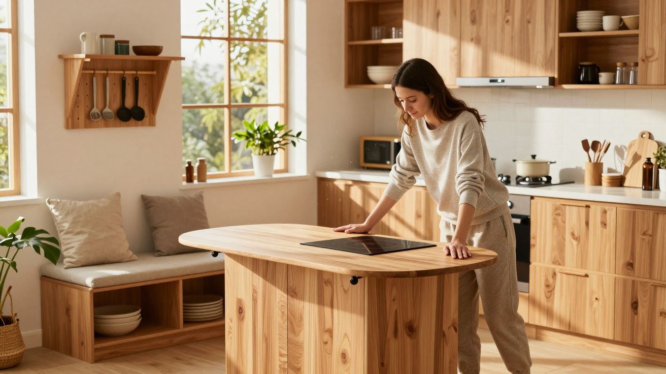 Frau in moderner Holzküche, die an einem Küchenblock steht, umgeben von Pflanzen und Sonnenlicht.