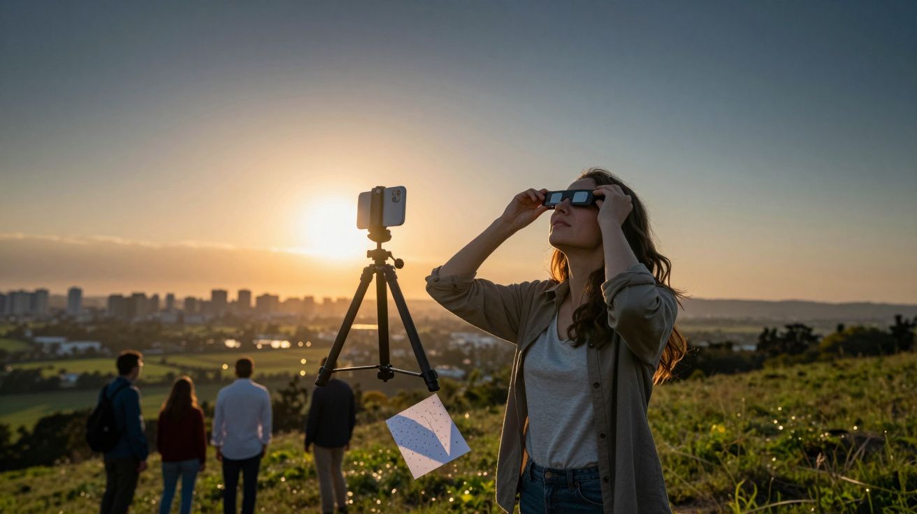 Frau beobachtet Sonnenuntergang mit Spezialbrille und Smartphone auf Stativ; Gruppe im Hintergrund auf einer Wiese.