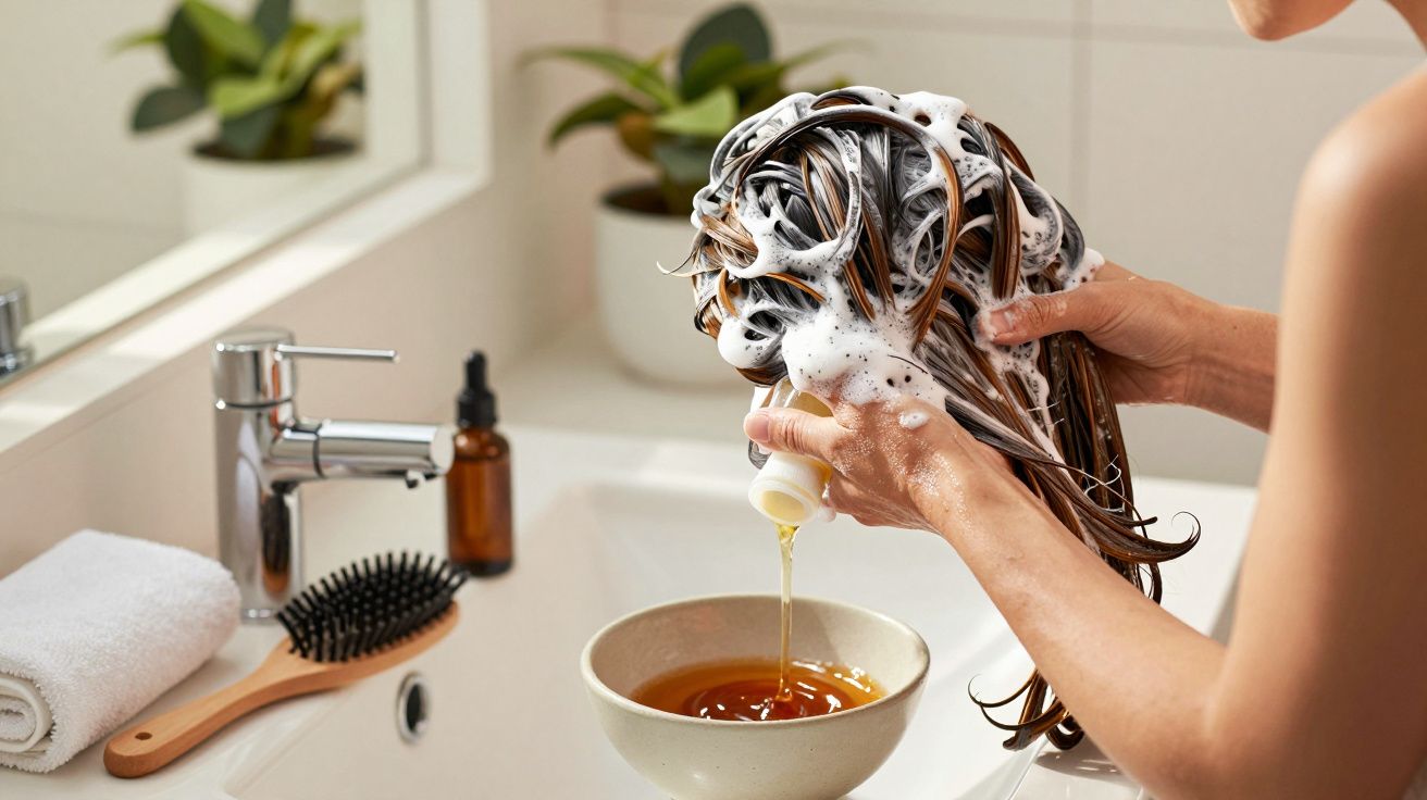 Person wäscht Haare über einem Waschbecken, hält Shampoo-Flasche, Schaum überall.