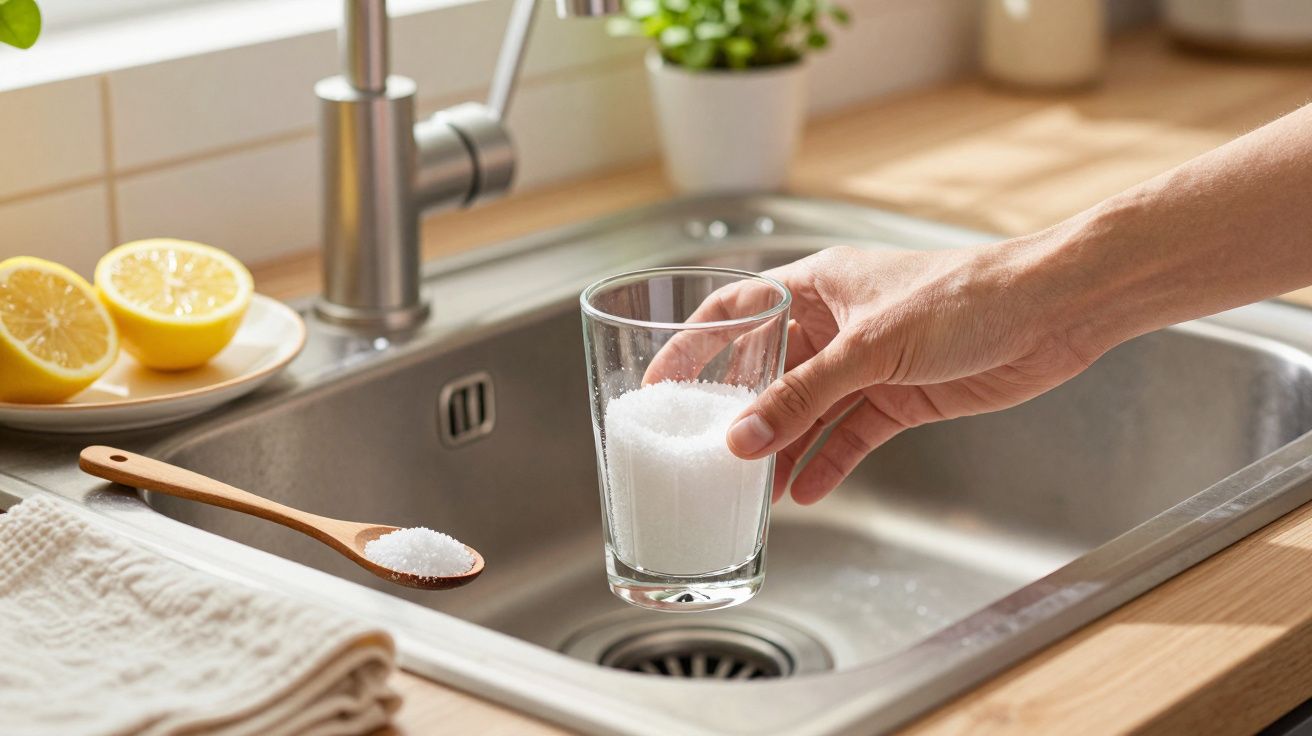 Hand hält Glas mit Salz über Spüle, neben Zitronen und Holzlöffel mit Salz auf Küchentheke.