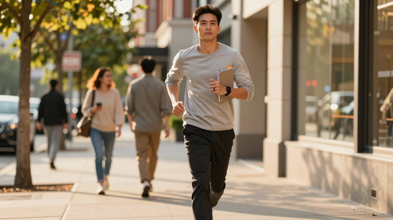 Ein Mann joggt auf einem sonnigen Gehweg in der Stadt, während er ein Notizbuch in der Hand hält.