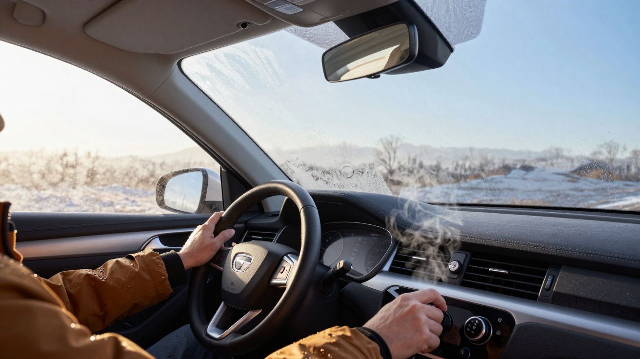 Person fährt Auto bei kaltem Wetter, Innenansicht, Dampf entweicht aus Lüftung, verschneite Landschaft draußen.
