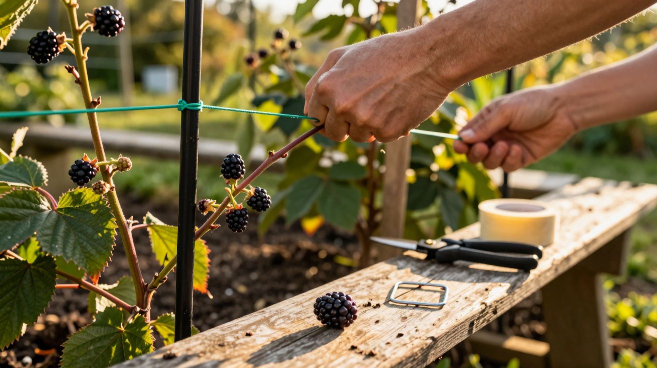 Hände binden Brombeerranken mit grünem Draht in einem Garten. Schere und Klebeband liegen auf dem Holztisch.