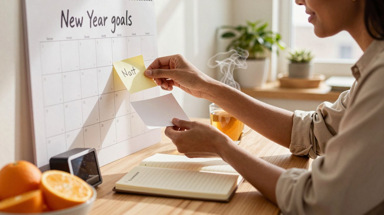 Frau klebt gelbe Haftnotiz mit "Not" auf Kalender, daneben Notizbuch und dampfende Teetasse auf Holztisch.