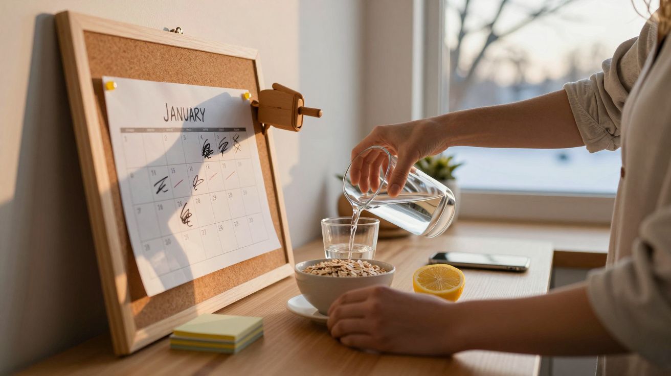 Person gießt Wasser in ein Glas neben einer Müslischale auf einem Tisch vor einem Kalender und einem Fenster.
