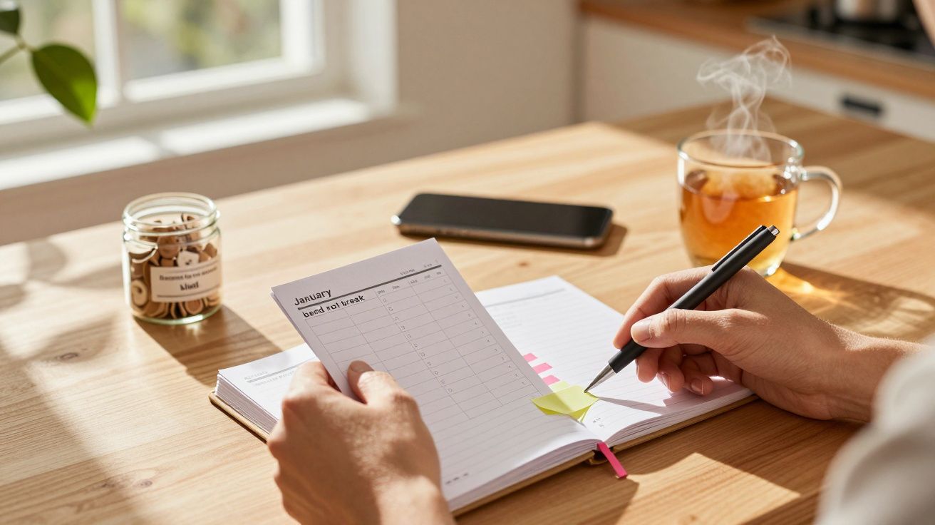 Person schreibt in einen Kalender am Tisch, neben Tee und Smartphone.