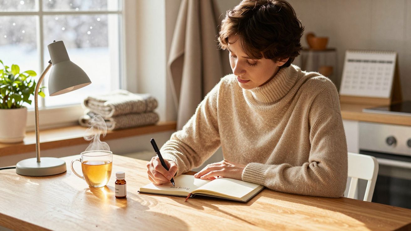 Eine Person schreibt in ein Notizbuch an einem Holztisch mit einer Tasse Tee und einer Lampe daneben.