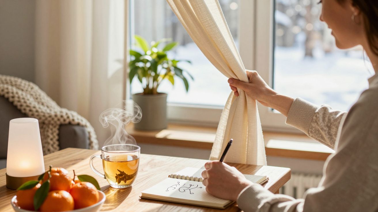 Frau sitzt am Tisch, zieht Vorhang auf, schreibt ins Notizbuch. Auf dem Tisch Tee, Mandarinen, Lampe, Pflanze.