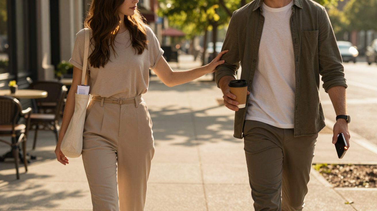 Ein Mann und eine Frau spazieren auf einem Gehweg, er hält einen Kaffeebecher und ein Handy, sie trägt eine Tasche.