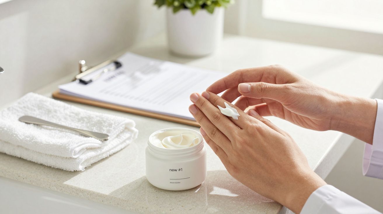 Hände, die Creme aus einem Tiegel auftragen, auf einem Waschbecken mit Handtuch und Klemmbrett im Hintergrund.