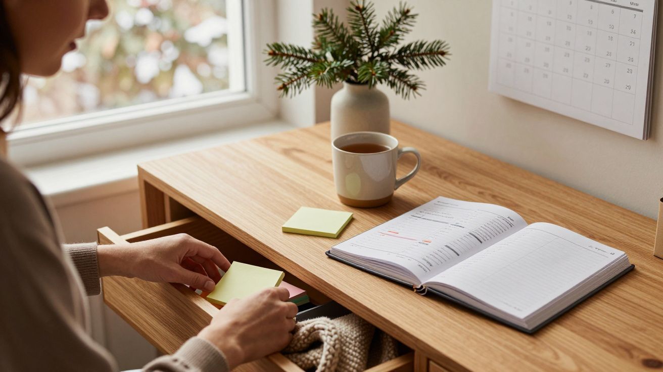 Frau sitzt an Schreibtisch mit Notizblock und Tasse Kaffee, öffnet Schublade unter Fenster mit Pflanze und Kalender.