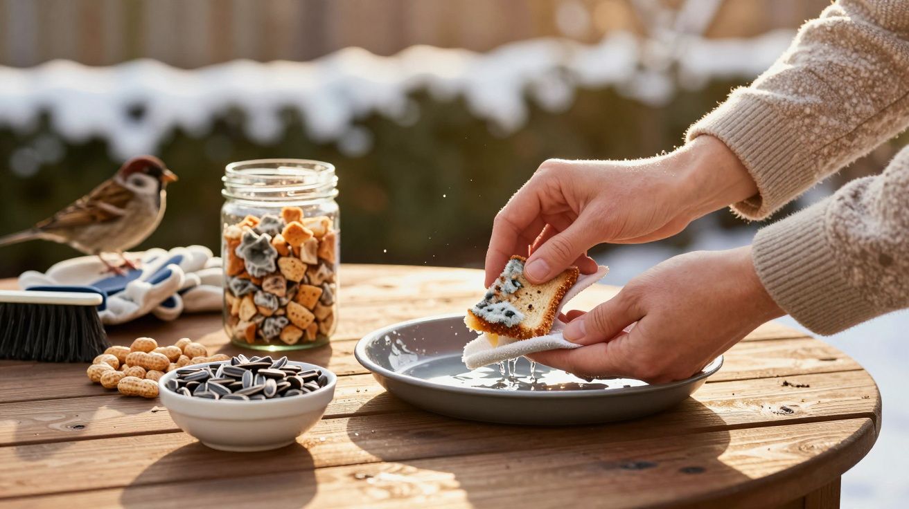 Person bereitet Vogelfutter auf einem Tisch vor; im Hintergrund sitzt ein Spatz, daneben Glas mit Keksen und Sonnenblumenkern