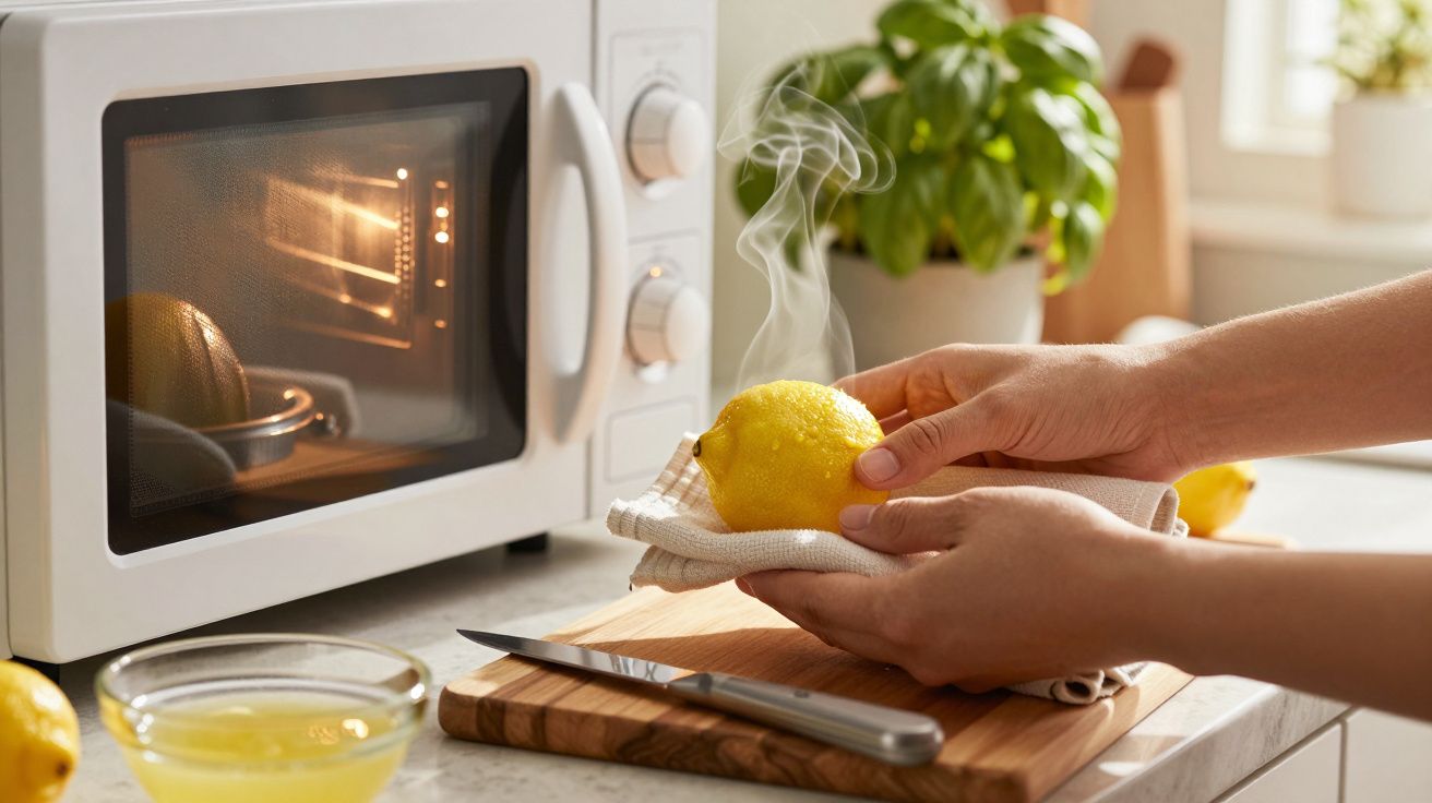 Hände halten dampfende Zitrone vor Mikrowelle, daneben Messer und Zitronensaft auf Schneidebrett in heller Küche.