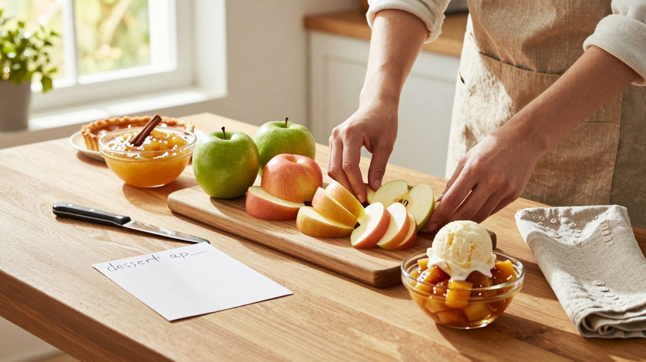 Person schneidet Äpfel auf einem Holzbrett, neben Joghurt, Apfelkuchen und Notiz auf Holzarbeitsplatte in heller Küche.