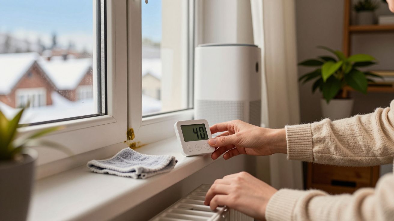 Person hält ein Hygrometer am Fensterbrett, zeigt 40% Luftfeuchtigkeit. Im Hintergrund sind Pflanzen und schneebedeckte Däche